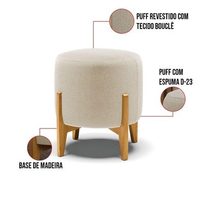 Kit 1 Poltrona E 1 Puff Stella Bouclê Base Madeira Castanho - D'rossi Cor Bege