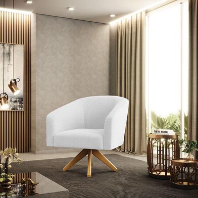 Poltrona Giratória Stella Bouclê Base De Madeira Ma30 - D'rossi Cor Off White