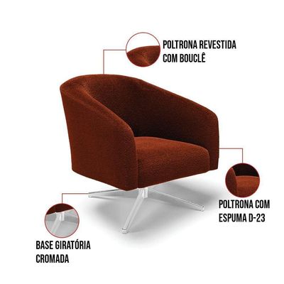 Poltrona Giratória Stella Bouclê Base Cromada - D'rossi Cor Terra