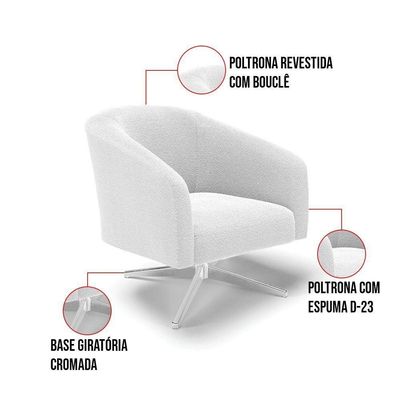 Poltrona Giratória Stella Bouclê Base Cromada - D'rossi Cor Off White