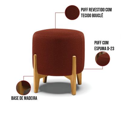 Kit 1 Poltrona E 1 Puff Stella Bouclê Base Madeira Castanho - D'rossi Cor Terra