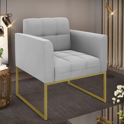 Poltrona Elisa Suede Cinza Base Metálica Industrial Dourada - D'rossi