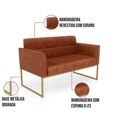 Kit 1 Sofá Namoradeira E 2 Poltronas Elisa Corano Nozes Base Metálica Industrial Dourado - D'rossi