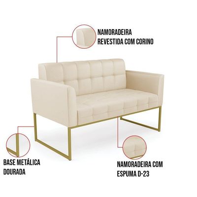 Kit 1 Sofá Namoradeira E 2 Poltronas Elisa Corino Bege Base Metálica Industrial Dourado - D'rossi