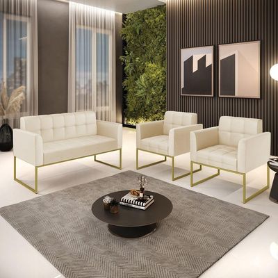 Kit 1 Sofá Namoradeira E 2 Poltronas Elisa Corino Bege Base Metálica Industrial Dourado - D'rossi