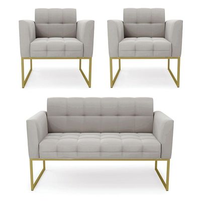 Kit 1 Sofá Namoradeira E 2 Poltronas Elisa Veludo Cinza Base Metálica Industrial Dourado - D'rossi