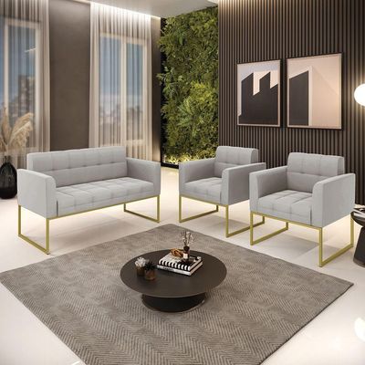 Kit 1 Sofá Namoradeira E 2 Poltronas Elisa Veludo Cinza Base Metálica Industrial Dourado - D'rossi