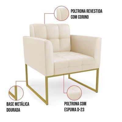 Kit 1 Sofá Namoradeira E 1 Poltrona Elisa Corino Bege Base Metálica Industrial Dourado - D'rossi