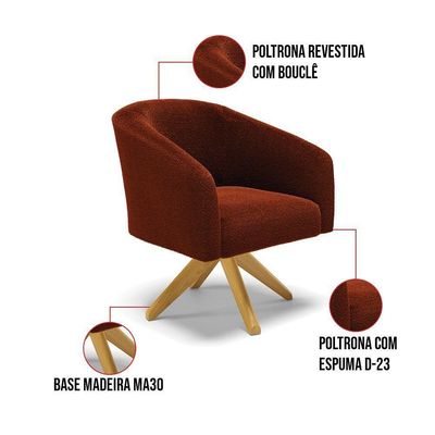 Kit 1 Sofá Namoradeira E 2 Poltronas Stella Bouclê Base De Madeira Ma30 - D'rossi Cor Terra