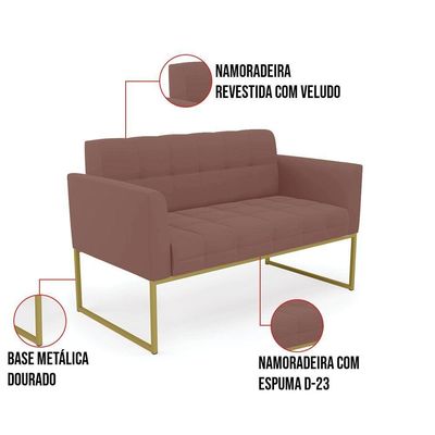 Kit 1 Sofá Namoradeira E 2 Poltronas Elisa Veludo Rosê Base Metálica Industrial Dourado - D'rossi