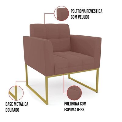 Kit 1 Sofá Namoradeira E 2 Poltronas Elisa Veludo Rosê Base Metálica Industrial Dourado - D'rossi