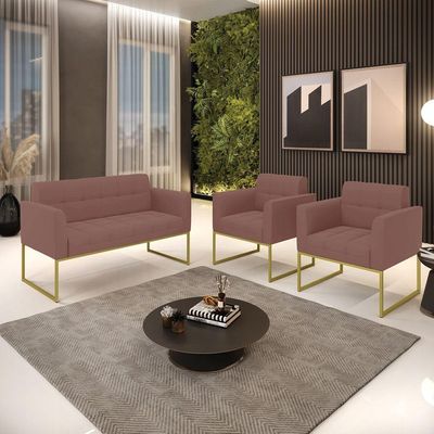 Kit 1 Sofá Namoradeira E 2 Poltronas Elisa Veludo Rosê Base Metálica Industrial Dourado - D'rossi