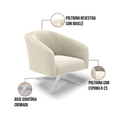 Poltrona Giratória Stella Bouclê Base Cromada - D'rossi Cor Bege
