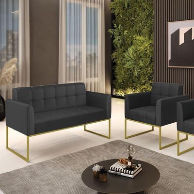 Kit 1 Sofá Namoradeira E 1 Poltrona Elisa Corino Preto Base Metálica Industrial Dourado - D'rossi