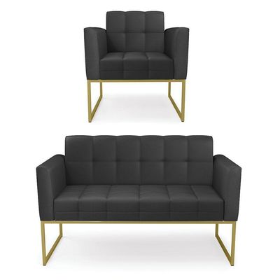 Kit 1 Sofá Namoradeira E 1 Poltrona Elisa Corino Preto Base Metálica Industrial Dourado - D'rossi