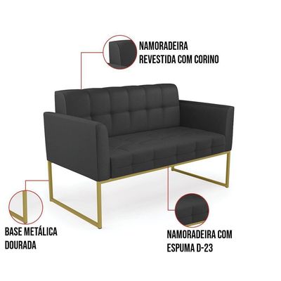Kit 1 Sofá Namoradeira E 1 Poltrona Elisa Corino Preto Base Metálica Industrial Dourado - D'rossi