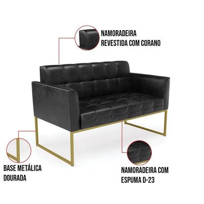 Kit 1 Sofá Namoradeira E 1 Poltrona Elisa Corano Preto Base Metálica Industrial Dourado - D'rossi