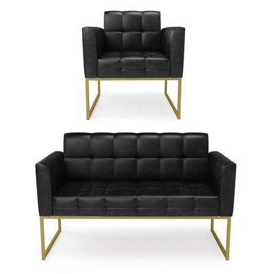 Kit 1 Sofá Namoradeira E 1 Poltrona Elisa Corano Preto Base Metálica Industrial Dourado - D'rossi