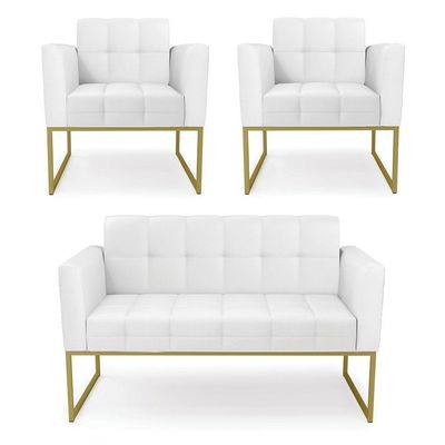 Kit 1 Sofá Namoradeira E 2 Poltronas Elisa Corino Branco Base Metálica Industrial Dourado - D'rossi