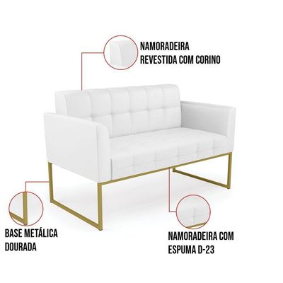 Kit 1 Sofá Namoradeira E 2 Poltronas Elisa Corino Branco Base Metálica Industrial Dourado - D'rossi