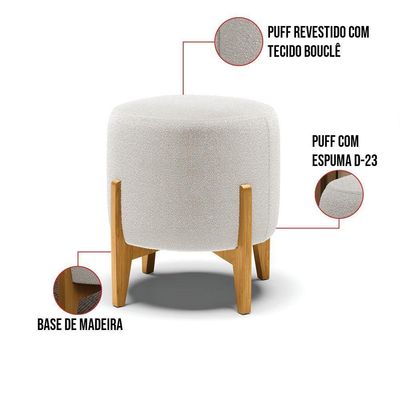Kit 1 Poltrona E 1 Puff Stella Bouclê Base Madeira Castanho - D'rossi Cor Off White