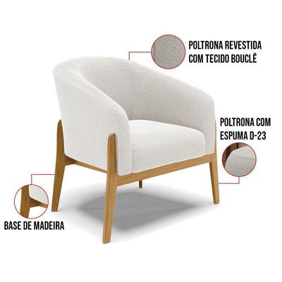 Kit 1 Poltrona E 1 Puff Stella Bouclê Base Madeira Castanho - D'rossi Cor Off White