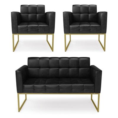 Kit 1 Sofá Namoradeira E 2 Poltronas Elisa Corano Preto Base Metálica Industrial Dourado - D'rossi