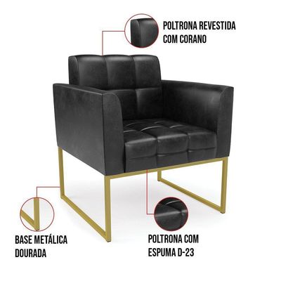 Kit 1 Sofá Namoradeira E 2 Poltronas Elisa Corano Preto Base Metálica Industrial Dourado - D'rossi