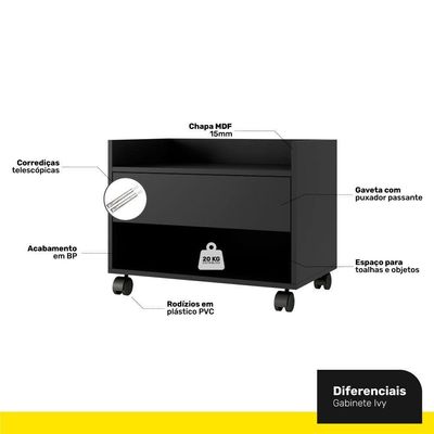 Gabinete Armário Mesa De Cabeceira Multiuso Ivy 60cm 100% Mdf Bp Com 01 Gaveta Preto - Desk Design