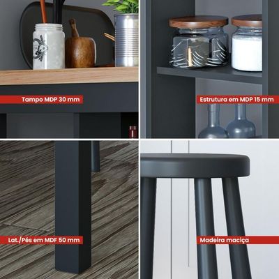 Bancada Cozinha Gourmet Ditália Com 2 Banquetas Preto