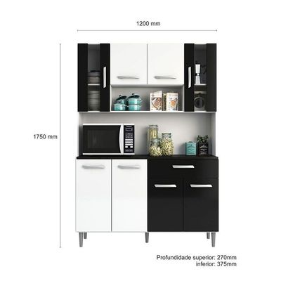 Kit Cozinha 8 Portas 1 Gaveta Gabi Branco Com Preto