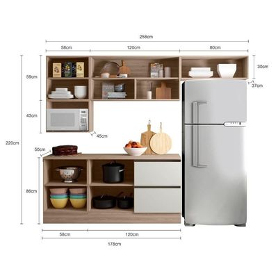 Cozinha Completa Etna 6 Peças Poliman Móveis Carvalho Oak E Off White