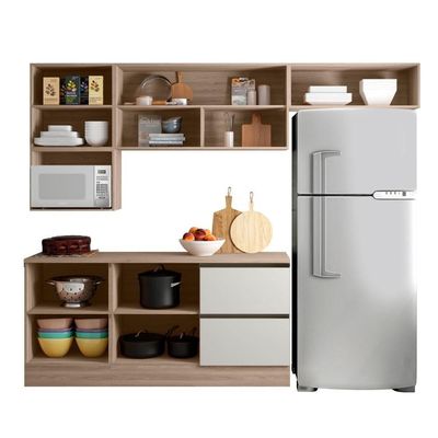 Cozinha Completa Etna 6 Peças Poliman Móveis Carvalho Oak E Off White
