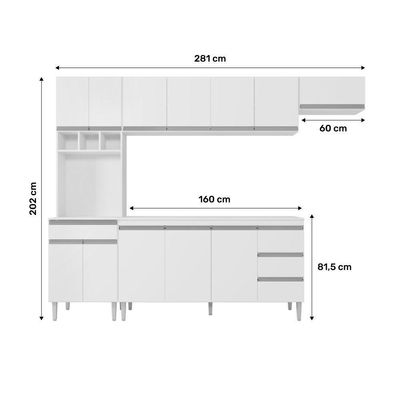Cozinha Modulada 04 Peças Com Balcão Gabinete 160cm Branco