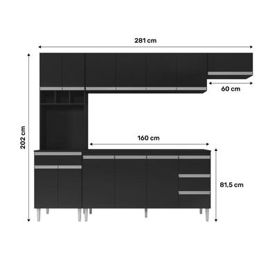 Cozinha Modulada 04 Peças Com Balcão Gabinete 160cm Preto