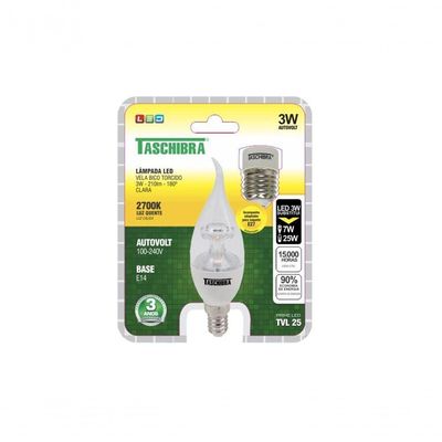 Lâmpada Led Vela Bico Torcido Tvl 3w Taschibra E14/e27 Bivolt 2700k Luz Quente
