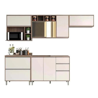 Armário De Cozinha Completa 5 Peças Com Vidro Reflecta Sem Tampo Mel Vanilla Com Pérola Off