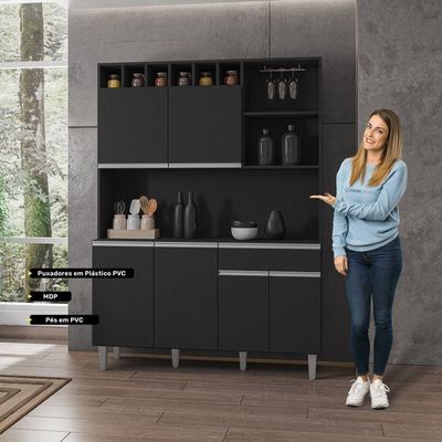 Kit Cozinha Compacta Alice 130Cm Com 6 Portas E 1 Gaveta Preto Fosco - Desk Design