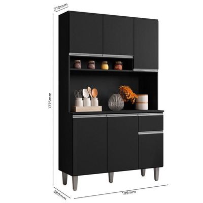 Kit Cozinha Compacta Márcia 105Cm Com 6 Portas E 1 Gaveta Preto Fosco - Desk Design