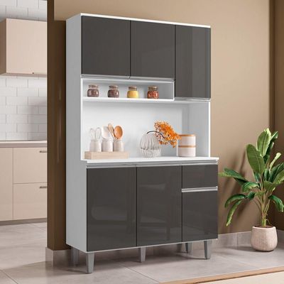 Kit Cozinha Compacta Márcia 105Cm Com 6 Portas E 1 Gaveta Branco Cinza Escuro - Desk Design