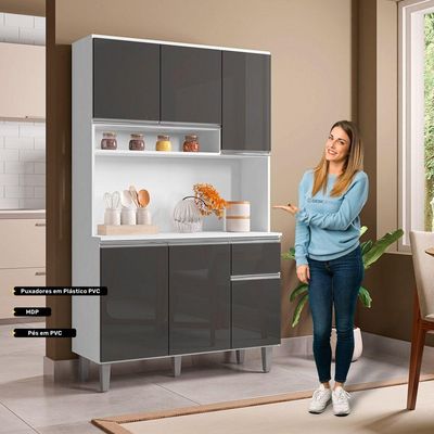 Kit Cozinha Compacta Márcia 105Cm Com 6 Portas E 1 Gaveta Branco Cinza Escuro - Desk Design