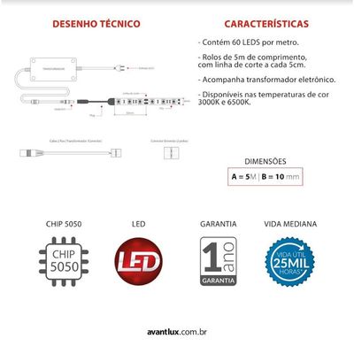 Fita Led Interna 4,8w/m Branco 6500k
