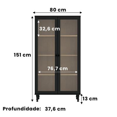 Armário Multiuso 2 Portas De Vidro Ditália Luz E-957 Preto