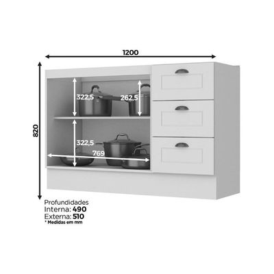Gabinete De Cozinha Modulado Balcão Americana 2 Portas E 3 Gavetas P/ Pia 120cm S/tampo Branco