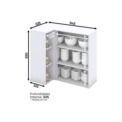 Armário Aéreo P/ Cozinha Canto Reto Americana C/ 1 Porta 83cm Branco - Henn