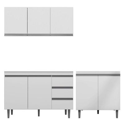 Cozinha 03Pçs Aéreo 120Cm Balcão Pia E Cooktop Branco