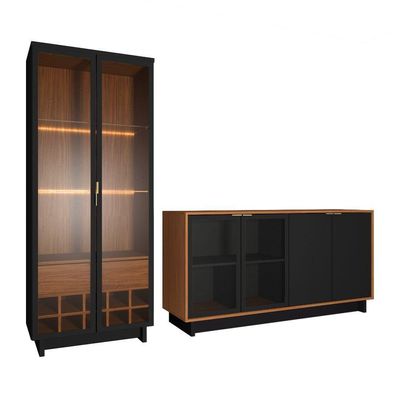 Conjunto Decorativo Cristaleira Com Led E Buffet Aparador 160cm Tenerife/gunga Preto Fosco/noce