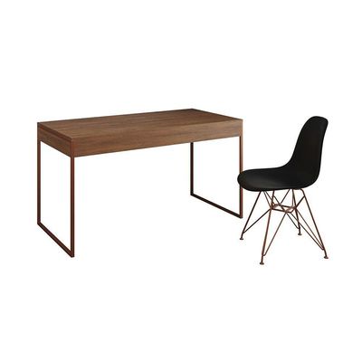 Escrivaninha Industrial Escritório Amêndoa 137X53Cm Malta Com 1 Cadeira Preta Base Cobr Cor: Amendoa