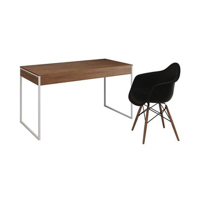 Escrivaninha Home Office Estilo Industrial Amêndoa 137X53Cm Ferro Branco Com 1 Poltrona Preta