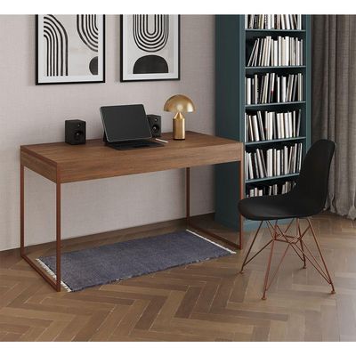 Escrivaninha Industrial Escritório Amêndoa 137X53Cm Malta Com 1 Cadeira Preta Base Cobr Cor: Amendoa